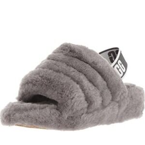Ugg Sz 7 Oh Yeah Fluffy Double Strap Flat Slippers Slides Sandals in Grey